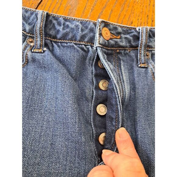 Size 12 Short American Eagle Denim Blue Jean Mini Skirt Distressed Button Fly - Picture 4 of 5